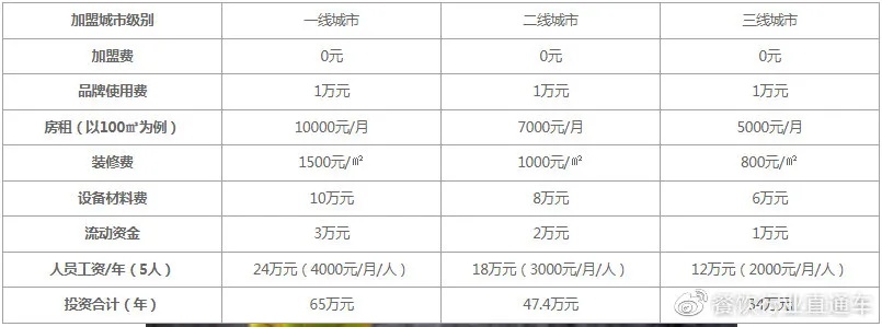 创业加盟项目价钱表模板