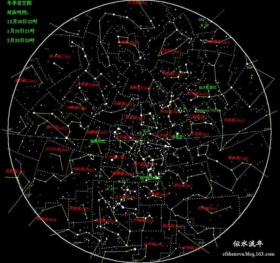 冬季星空星座图(冬季天空星座名称及对照图)